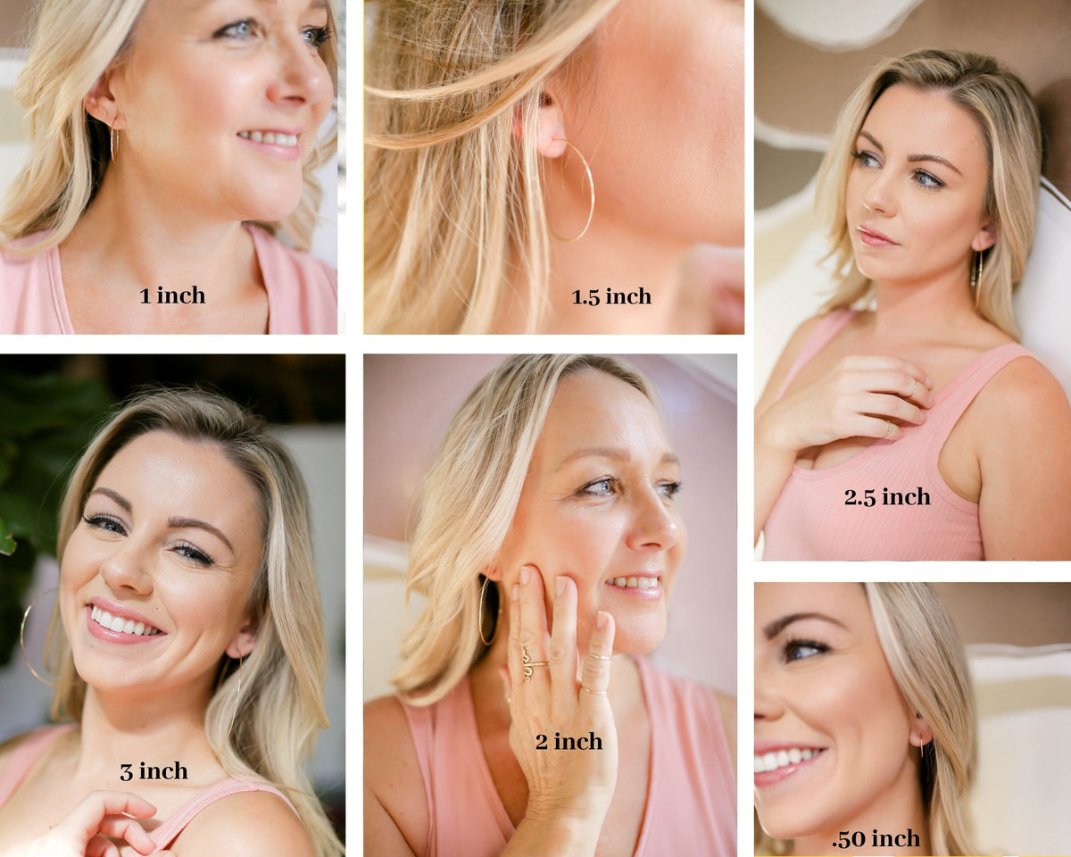 6 models wearing 14k gold filled hoop earrings. featuring .50 inch, 1 inch, 1.50 inch, 2 inch, 2.50 inch, and 3 inch sizes. round threader hoop earrings. Laurane Elisabeth specializing in delicate, lightweight minimalist jewelry. Always nickel free.