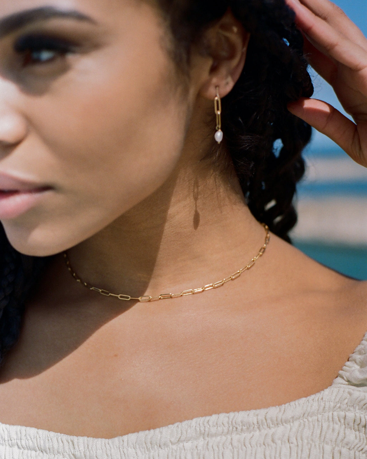 Gold Bold Link Chain and Pearl Earrings • 14K Gold Filled Earrings • Fresh Water Pearl Earrings