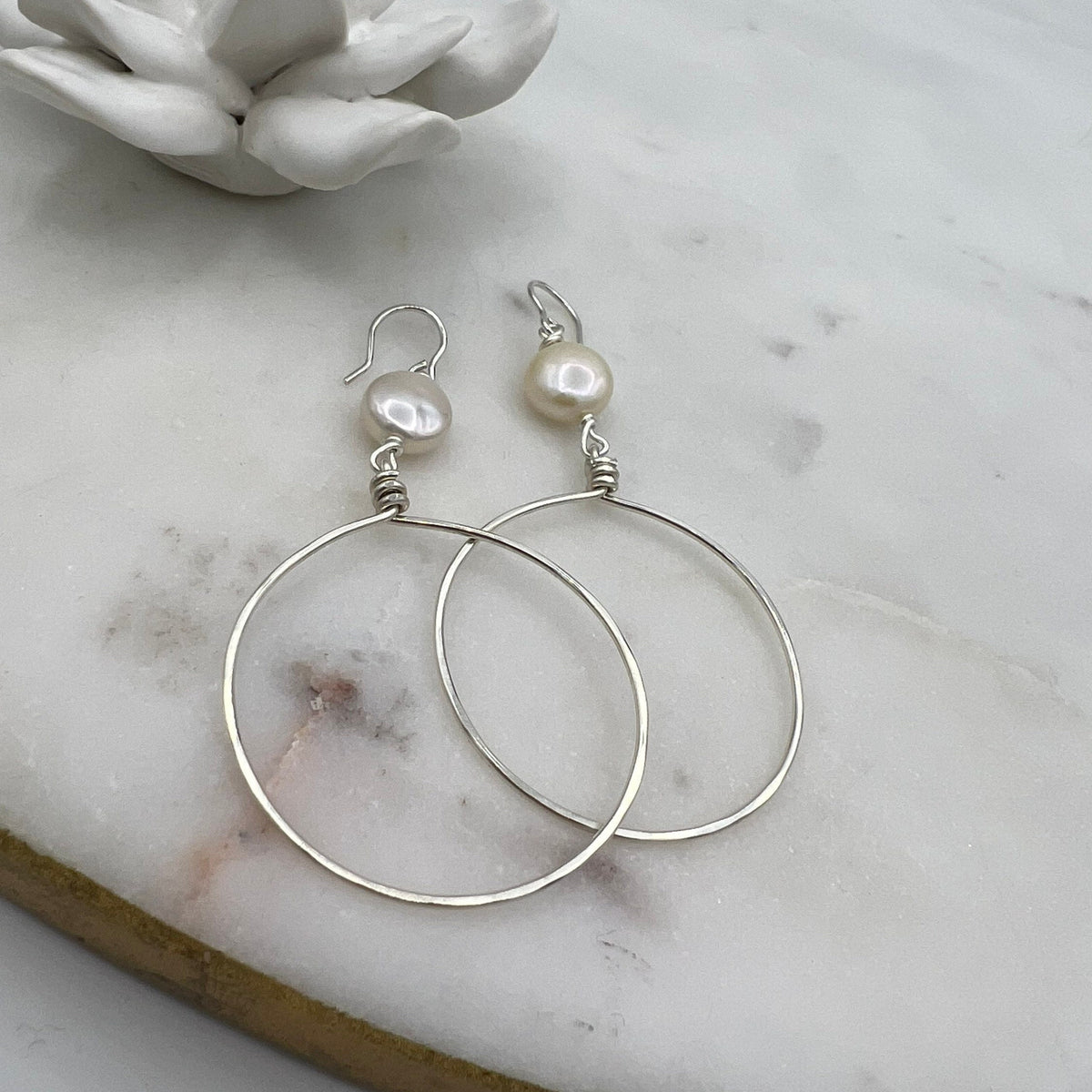 Dangle Drop Hoop Earrings • Pearl Hoop Earrings 14k Gold Filled or Solid 925 Sterling Silver • Nickel Free