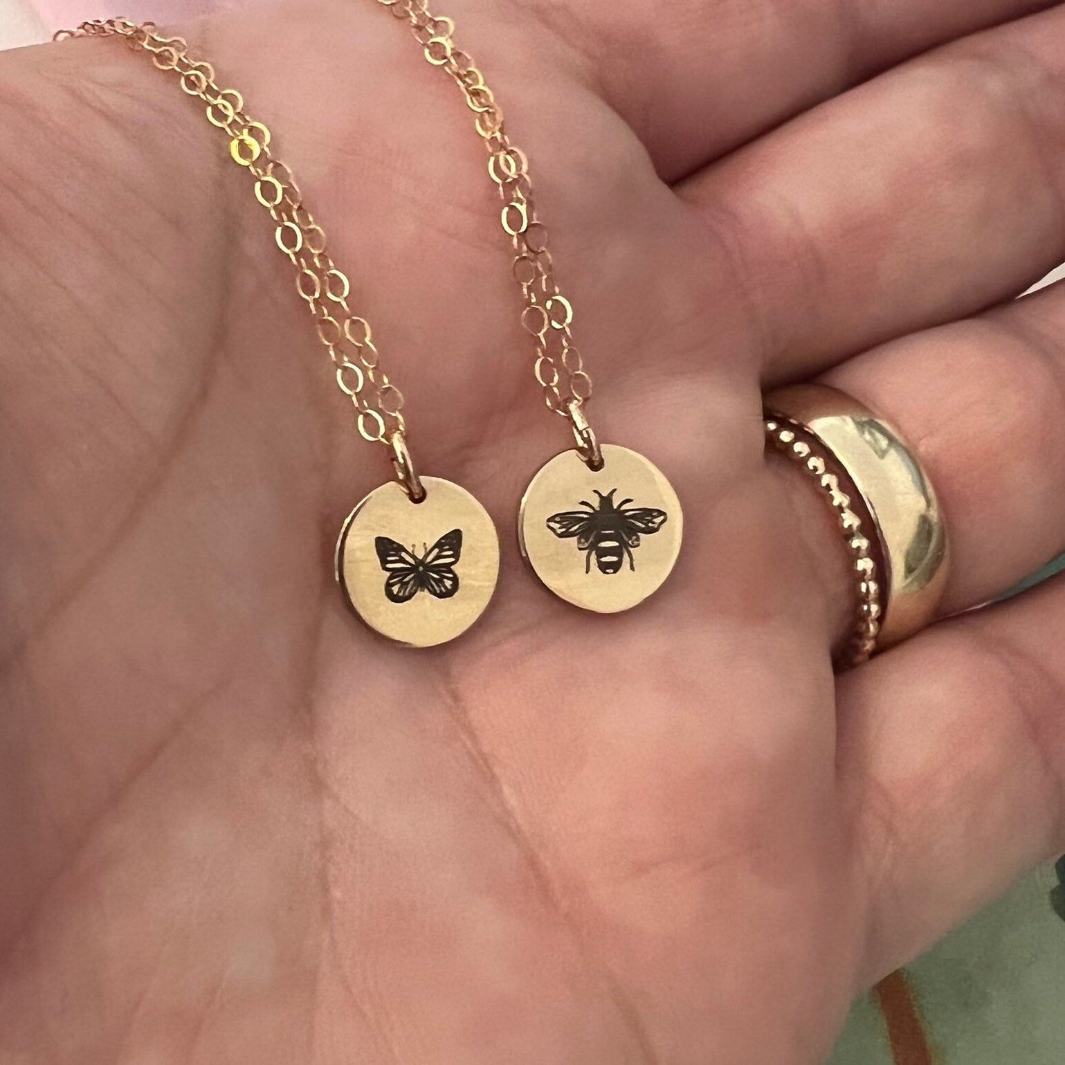 Gold Bee Necklace • Gold Butterfly Necklace • 14K Gold Filled • Bee Necklace • Butterfly Necklace • Personalized Engraving