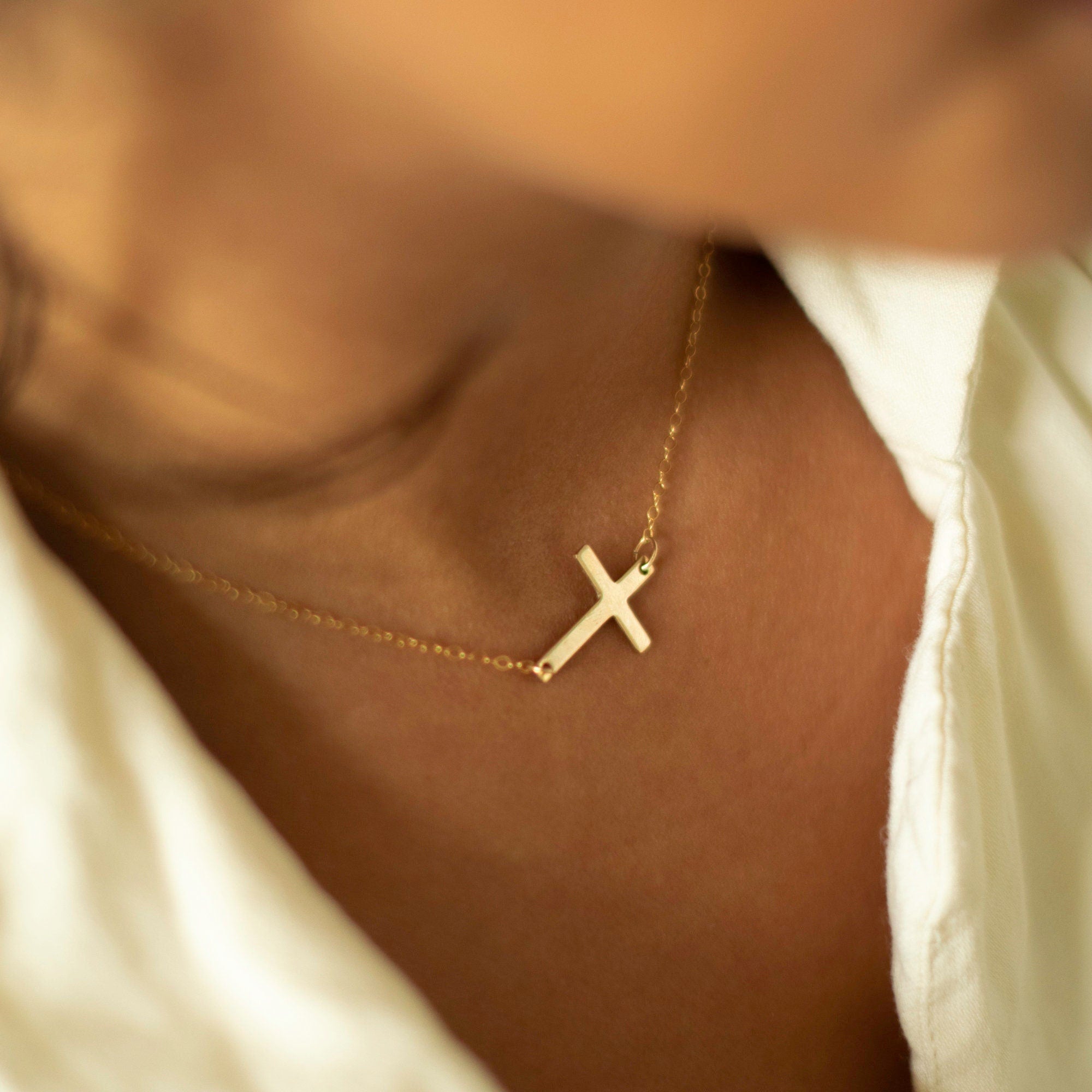 Gold Sideways Cross • 14k Gold Filled • Modern Cross Necklace