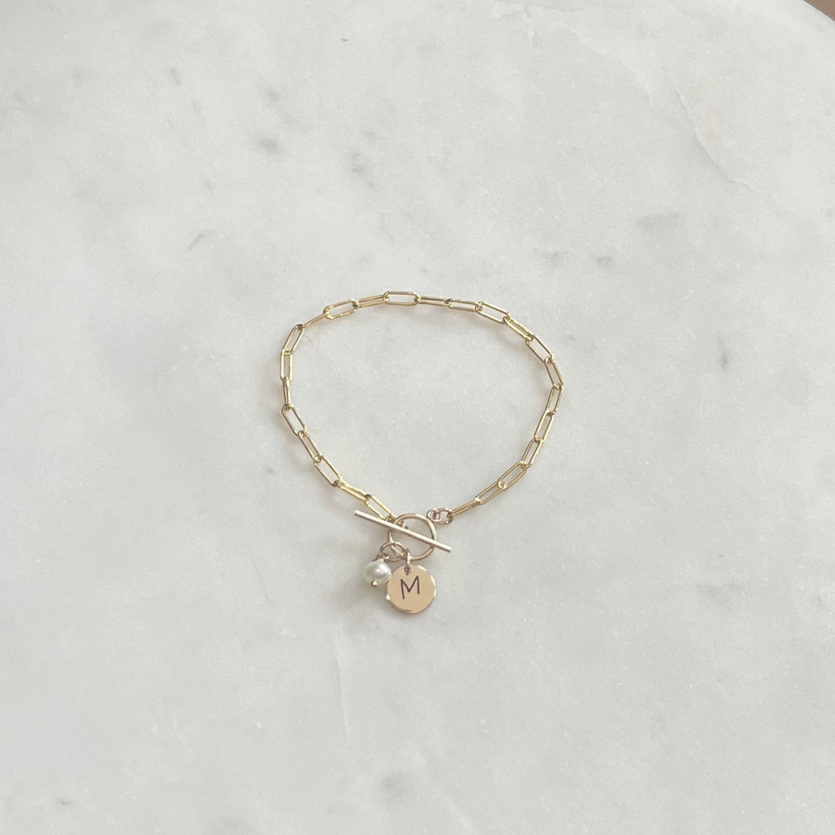 Personalized 14K Gold Filled or Sterling Silver Circle Charm and Pearl Bracelet - Bold Link Paperclip Bracelet with Toggle Closure