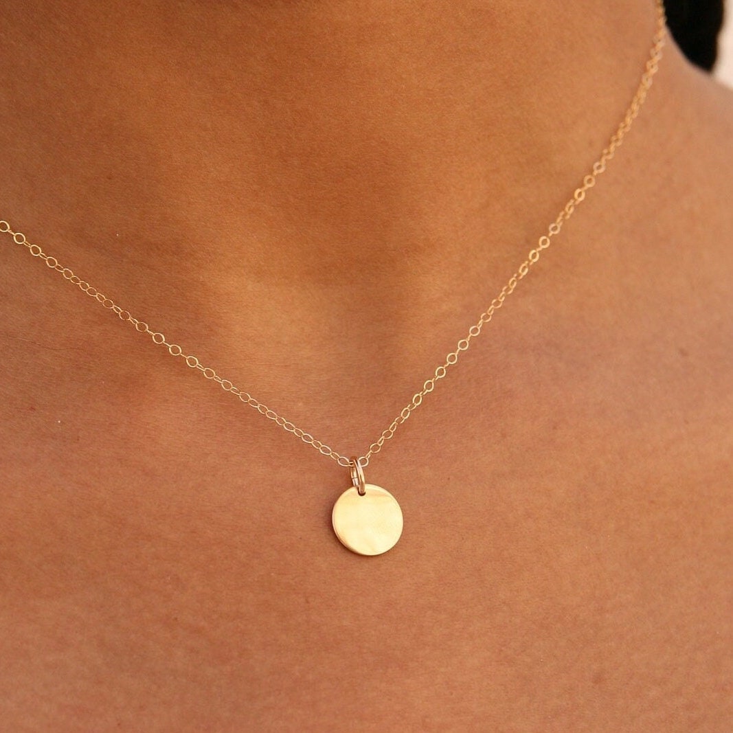 Tiny 10mm Gold Disc Necklace • 14K Gold Filled • Engraved Minimalist Necklace • Free Engraving