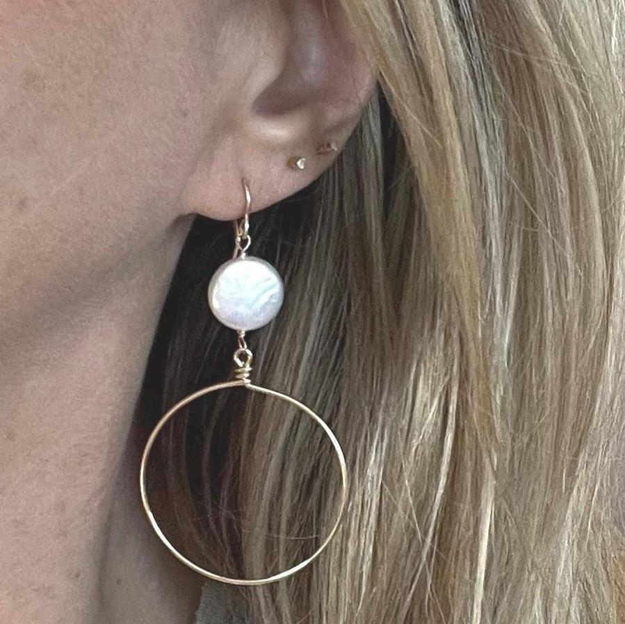 Dangle Drop Hoop Earrings • Pearl Hoop Earrings 14k Gold Filled or Solid 925 Sterling Silver • Nickel Free